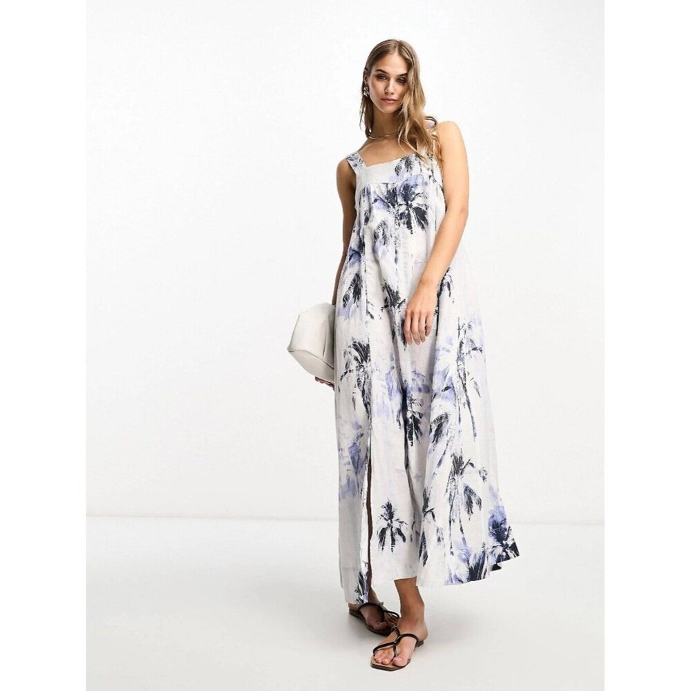 BOSS Linen Maxi Dress Blue & White Palm floral Square Neck Flowy Shift Sun Beach